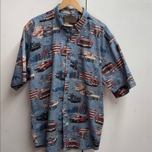 Vintage Car Print Blue Casual Button Down Shirt